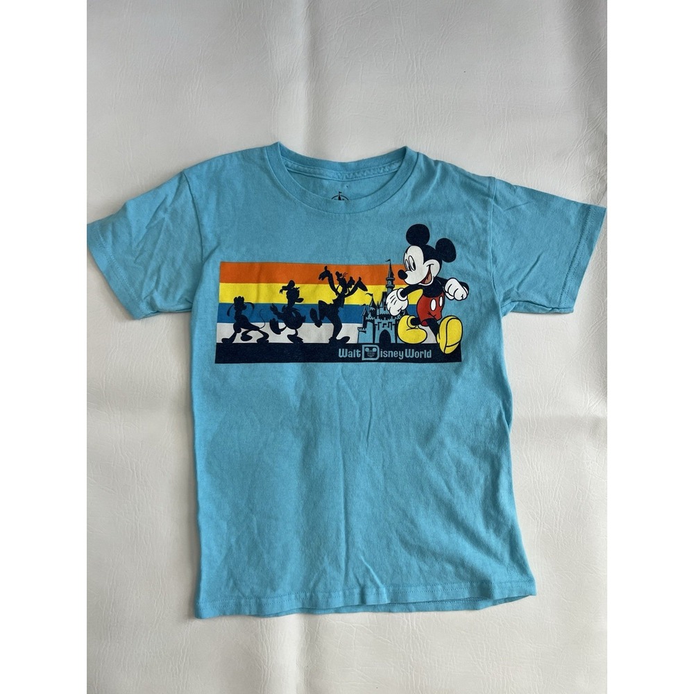 Walt Disney World Kids Small Turquoise Mickey Mouse Retro Rainbow Graphic Tee